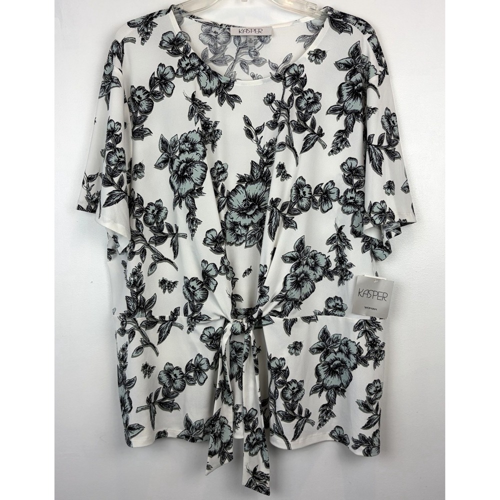 Kasper Top Blouse Womens 3X White Black Floral Plus Tie Office Mature Career New